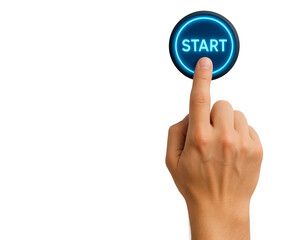 Fototapeta premium Hand Pressing Blue Glowing Start Button – Innovation and Beginning