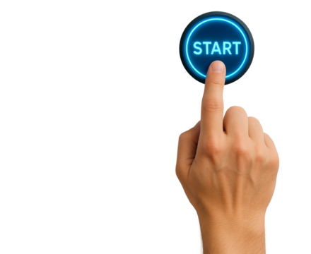 Hand Pressing Blue Glowing Start Button – Innovation and Beginning