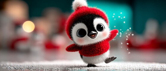 Adorable penguin in a red hat, playfully tossing snow in a winter scene