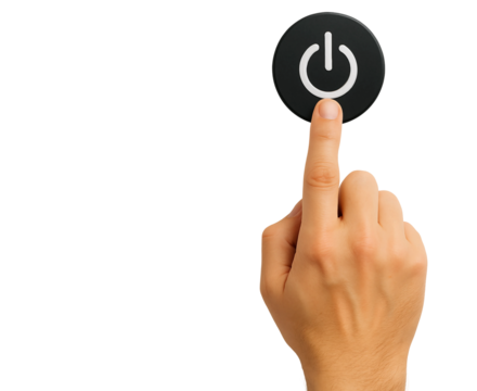 Hand Pressing Black Power Button – Technology and Control Concept