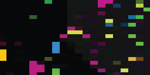 Abstract digital art featuring a dark background scattered with colorful pixelated squares.
