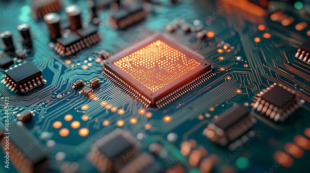 Fototapete macro diagonal perspective of printed circuit board with electronic components, shallow depth of fie
