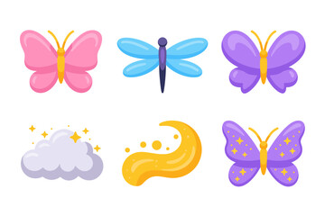 Fantasy butterfly and cloud vector illustrations, whimsical insect wings graphics, colorful flying art design, decorative nature elements, cheerful dreamy style