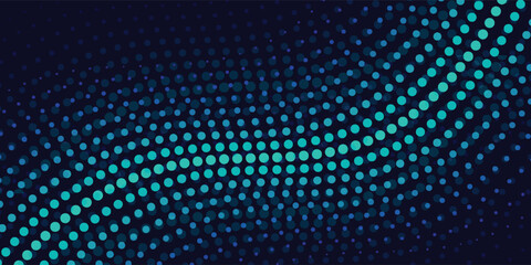 Fototapeta premium Abstract teal and blue dotted wave pattern on dark background.