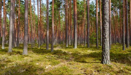 Fototapeta premium Pine forest, sunlight through trees