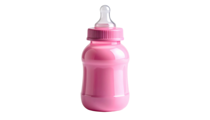 Baby feeding bottle with a clear body and soft nipple, isolated on a clean white background png.