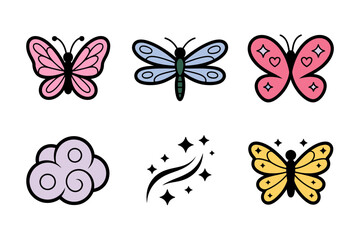 Whimsical butterfly and cloud illustration, fantasy insect vector set, decorative wings design, cheerful nature graphics, magical flying art elements