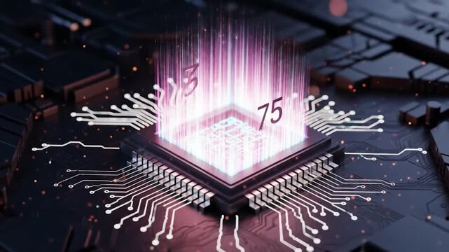 Chip radiating light displaying numbers 3 and 75 set on a dark circuit board
