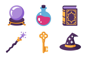 Magical wizard objects vector illustrations, crystal ball, potion bottle, enchanted book, wand and key, mystical wizard hat, fantasy art design