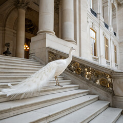 A white peacock perched on a marble staircase in front of a grand palace.