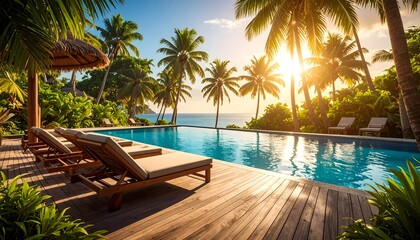 Fototapeta premium Luxury tropical resort with infinity pool and palm trees for summer vacation getaway plan