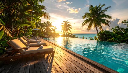 Fototapeta premium Luxury tropical resort with infinity pool and palm trees at sunset for travel and vacation