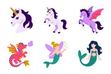 Whimsical fantasy character vector illustrations, unicorns, dragons, mermaids and fairies design, colorful magical graphics, decorative art elements, mystical style