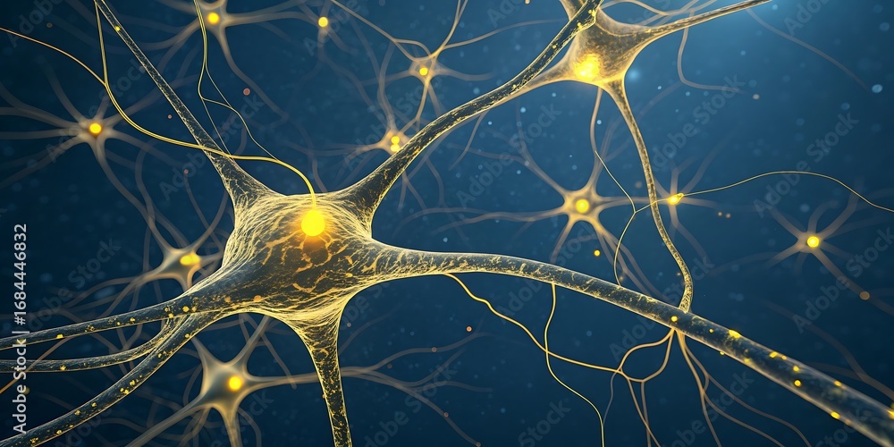 Poster closeup view of a network of glowing neurons and synapses, representing the human brain and nervous 