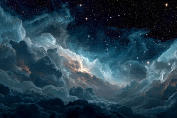 Obraz premium Starry night sky with deep blue clouds glowing softly, creating mystical and serene atmosphere filled with countless sparkling stars and cosmic beauty