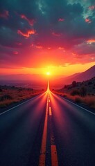 Asphalt road stretches towards a vibrant sunset, disappearing into the hazy horizon Endless journey, open road, freedom, travel, adventure awaits , unknown, countryside