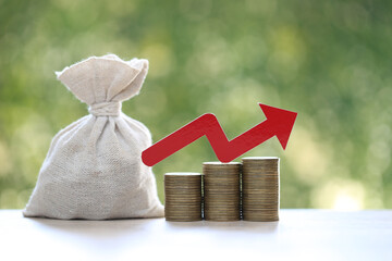Red arrow on coins money and money bag on natural green background, investment and business concept