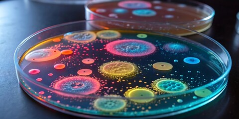 Vibrant petri dish filled with diverse bacterial cultures in various colors, highlighting the beauty and complexity of microbial life.