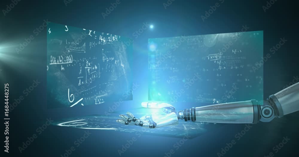 Poster animation of mathematical formulas on screens and robot hand over black background
