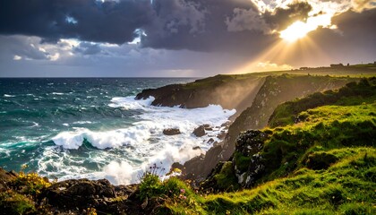 Beautiful irish coastline landscape photography with ocean waves and dramatic sky view