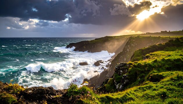 Beautiful irish coastline landscape photography with ocean waves and dramatic sky view