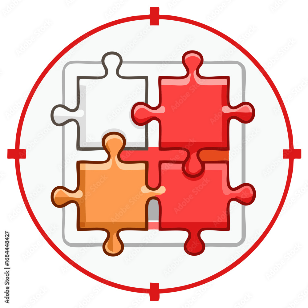 Poster teamwork or problem-solving concept with colorful puzzle pieces inside the target