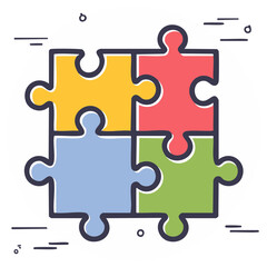 Hand-drawn illustration of a colorful four-piece jigsaw puzzle symbolizing teamwork, connection, and problem-solving
