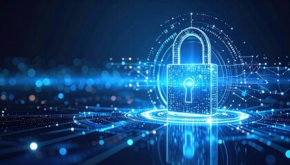 Glowing Blue Padlock on Digital Network:  Cybersecurity and Data Protection