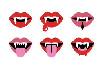 Vampire lips vector illustrations, scary mouths with sharp fangs tongue dripping blood graphics, horror fantasy elements, spooky Halloween art