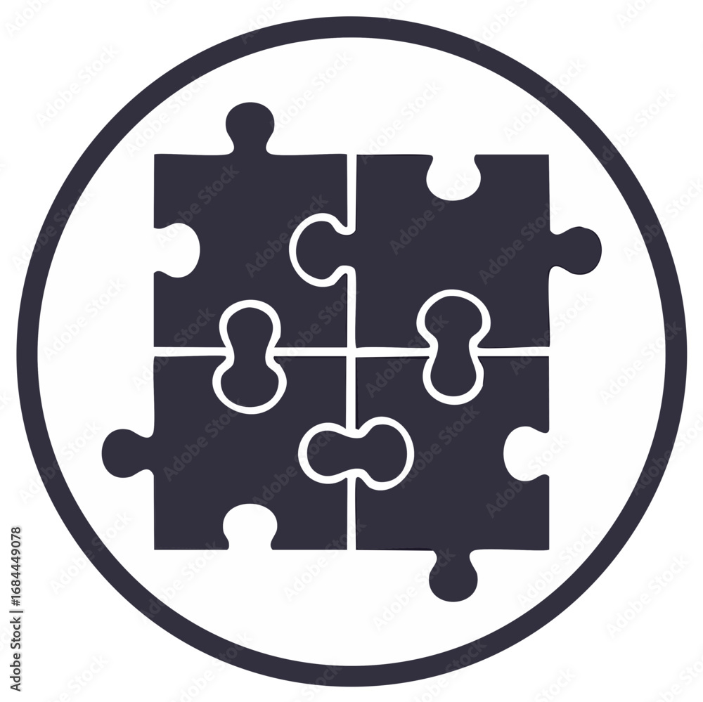 Poster puzzle pieces inside a circle symbol for problem solving, teamwork or strategy.