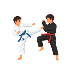 Obraz premium Two young men in martial arts uniforms practicing karate, one kicking.