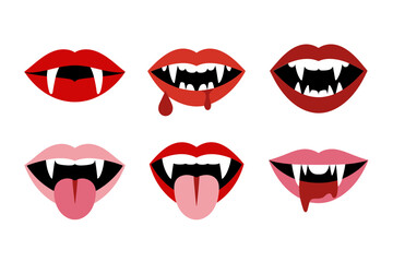Horror vampire lips vector illustrations, bloody mouths with fangs tongue dripping scary expression graphics, spooky Halloween design, fantasy character art