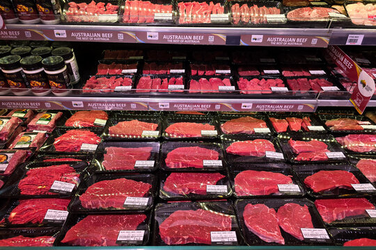 Penang, Malaysia &ndash; Aug 15, 2025: A wide selection of packaged Australian beef cuts on chilled shelves at Mercato Grocery, labeled &ldquo;The Best of Australia&rdquo; in a premium meat section.