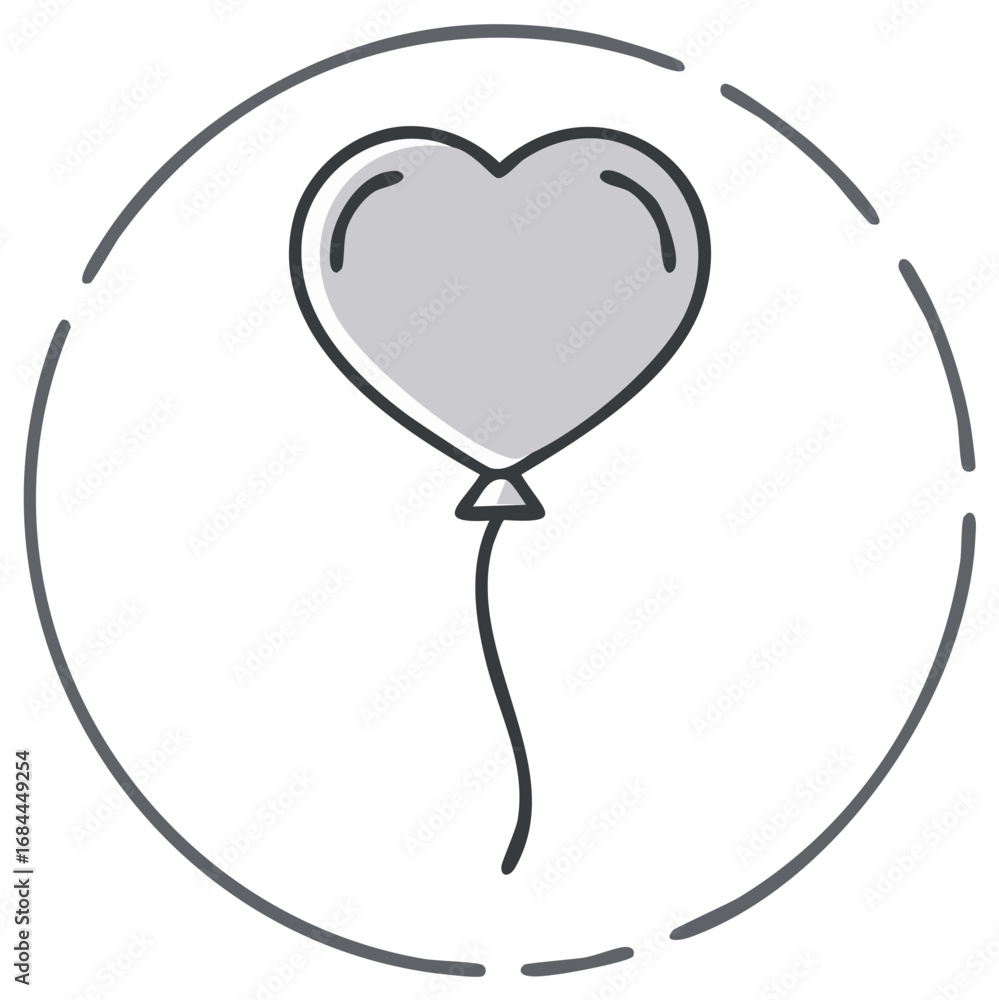Poster heart shaped balloon floating inside a round design element on white background