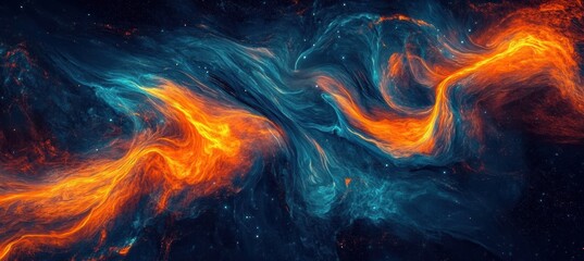 Dynamic blue and orange liquid ink blending in high-quality 3D abstract digital art piece that