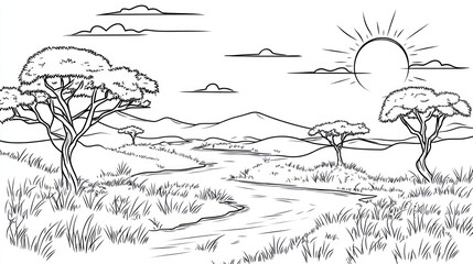 Fototapeta premium African Savanna Landscape Drawing