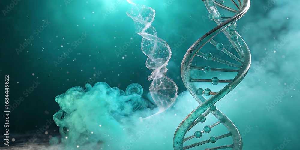 Aufkleber abstract representation of a dna double helix structure with glowing particles and ethereal blue smo
