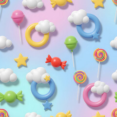 Cute clouds and candy seamless pattern background