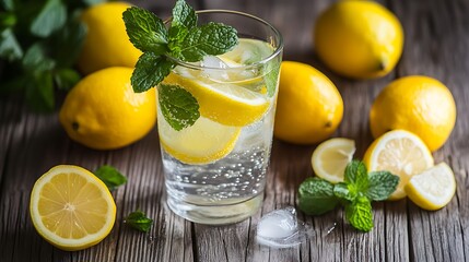 Fototapeta premium Fresh water with lemon slices and mint on the wooden table