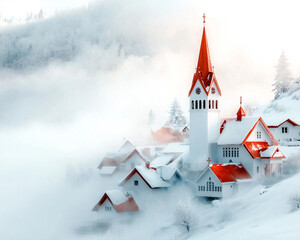 Misty Mountain Village: Snow Covered Houses and Church Steeple