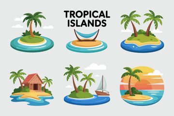 Tropical island vector illustrations, beach paradise palm tree icons, exotic huts, ocean view designs, summer vacation travel graphics,