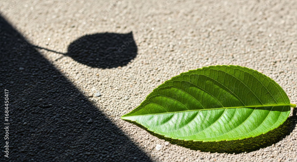 Poster a single green leaf casting a shadow on a textured surface in bright sunlight creating contrast and 
