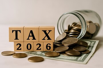 Financial concept for the upcoming year 2026 showing wooden cubes with the word TAX, alongside a glass savings jar overflowing with coins onto currency for annual tax payment