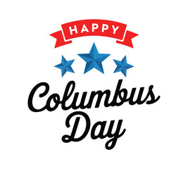 Columbus Day graphic with red ribbon “Happy” banner, blue stars, and black cursive “Columbus Day” text, ideal for festive U.S. holiday design