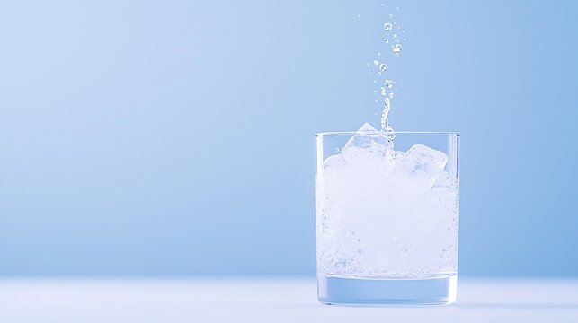 Refreshing water splash in a tall glass against a blue background