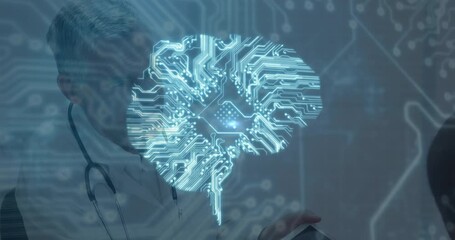 Animation of computer circuit board head and connections over caucasian male doctor - Powered by Adobe