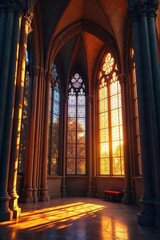 Obraz premium Golden Sunset Bathes Majestic Gothic Cathedral in Warm Light, Showcasing Intricate Architecture and Breathtaking Stained Glass Windows, Inspiring Faith and Awe.