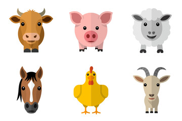 Domestic farm animals vector icons, cow, pig, horse, sheep, chicken, goat illustrations, rural agriculture graphics, countryside design collection,