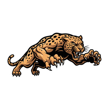 A powerful and aggressive leopard mascot with bared teeth and extended claws, captured in a dynamic pouncing pose on a white background