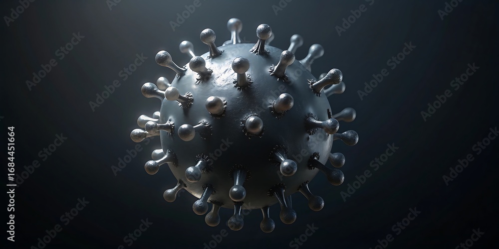 Poster a detailed 3d render of a coronavirus particle with a dark, moody background and subtle lighting.